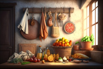Picture of a kitchen with a vegetable basket, grocery, pumpkin, kitchen cloths and chopping board. Generative AI