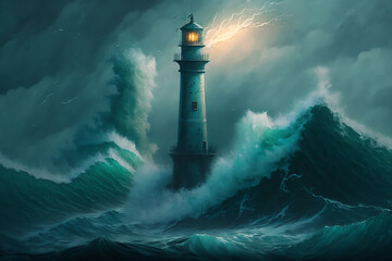 Lighthouse in the raging sea, Waves, High tide. generative AI 