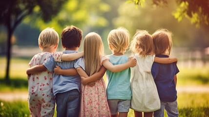 Happy kids playing outside and having fun together in summertime, a group of joyful friends walking in green park and hugging each other. Children and friendship concept
