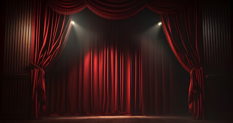 Red curtains of theater stage show spotlight, background for poster. Generation AI