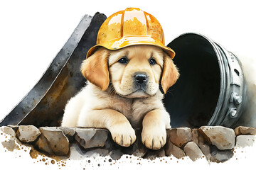 golden retriever dog wearing a safety helmet 