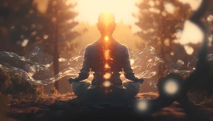 Keuken foto achterwand Fantasie landschap Astral yoga silhouette of human in cosmic space meditate. Back view man practicing transcendental spiritual meditation. Generation AI