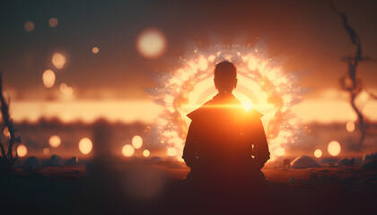 Astral silhouette of human in cosmic space meditate. Back view man fly transcendental spiritual meditation. Generation AI