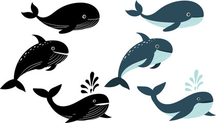 set silhouette of whales on white background, vector