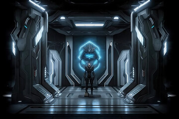 background with glowing lines, man in futuristic room 