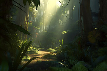 tropical jungle with beams of light 