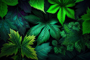 Realistic Green Leafy Nature Background Illuminated By The Sun - Generative AI