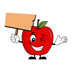 Apple Mascot Cartoon Holding Up A Blank Wood Sign. Suitable for poster, banner, web, icon, mascot, background