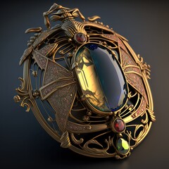 A beautiful golden scarab brooch detailed mirror surface. Scarab in fantasy theme. Generative AI.