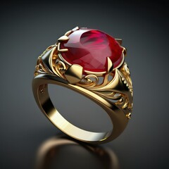 A gold ring with a beautiful ruby photorealistic. Ruby golden ring. Generative AI.