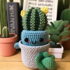 Cute succulent plant made out of crochet and yarn. Cute cactus. Green cactus. Generative AI.