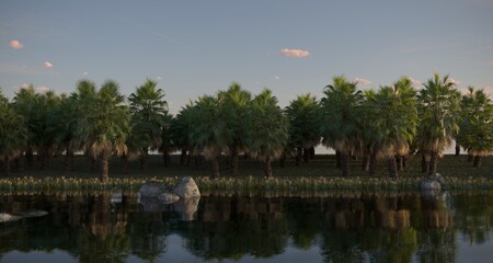 Fototapeta na wymiar tropical jungle on the river bank, 3D illustration, cg render 