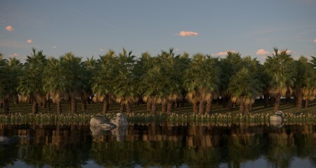tropical jungle on the river bank, 3D illustration, cg render
