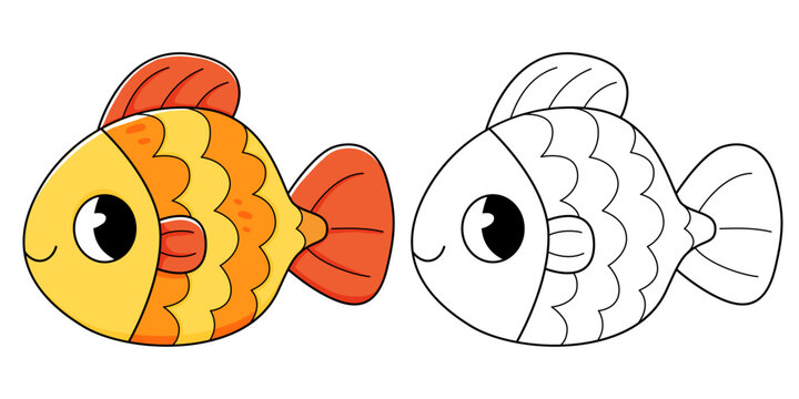 Goldfish coloring book with coloring example for kids. Coloring page with fish. Monochrome and color version. Vector children's illustration.