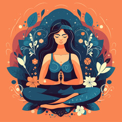 Woman sitting in meditation pose with legs crossed. Yoga spiritual exercise minimalistic vector illustration.