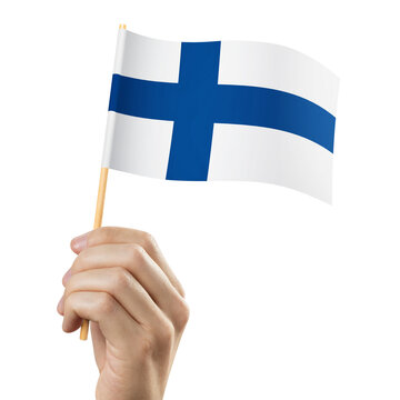 Hand holding flag of Finland, cut out