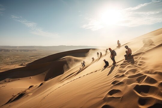 group of people sandboarding down dune, with view of the desert landscape in the background, created with generative ai