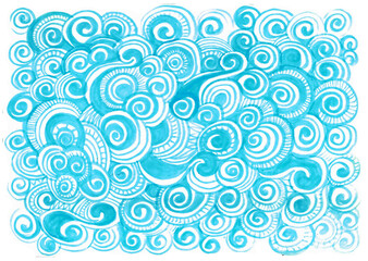 Abstract background with ornament. White and blue colors. Spirals and curls. Blue marker.
