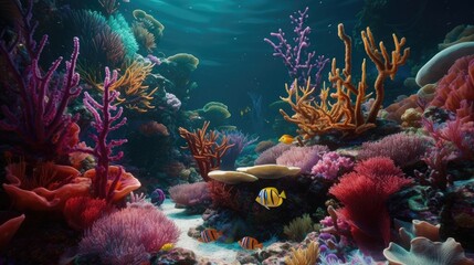 Naklejka na ściany i meble A surreal underwater world with giant flowers and animals, 8k, photography, hyperrealistic, generative ai