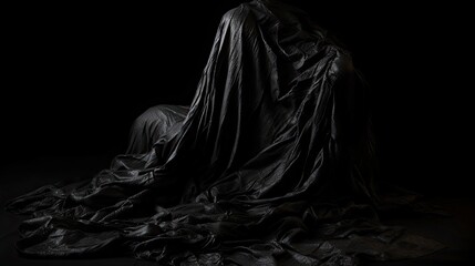 Demonic cloth, dark matter, full body, dark fantasy, epic fantasy, floating, dark spirit, average Spirit, ghost like, dark energy, negative forces, black, realistic, photography, generative ai
