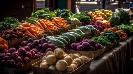 A group of fresh produce at a farmers market. Generative AI. 