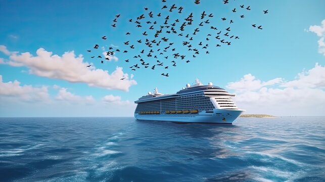 cruze ship on big ocean view, sunny day, birds on sky, 8k, vacation trip, hyperrealistic, photography, generative ai