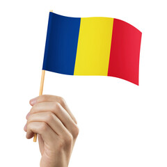 Hand holding flag of Romania, cut out