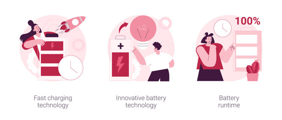 Gadget power management abstract concept vector illustration set. Fast charging technology, innovative battery runtime, usb recharge, high energy capacity, long life, durability abstract metaphor.