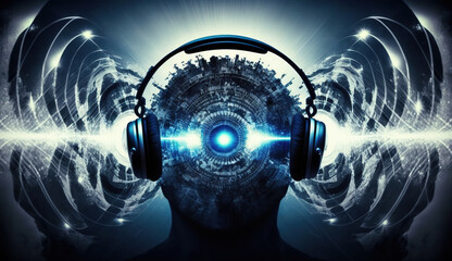 Listening to music in headphones. Binaural beats, audio technology. Digital illustration.