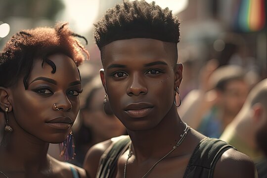 Young gay couple looking at the camera at a parade