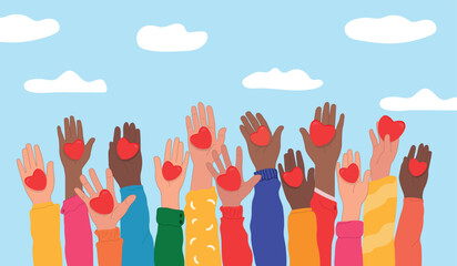 National Volunteering Month is celebrated every year in April. Compassion. Hands raised up hold hearts, share compassion and hope with those in need. The concept of sharing love