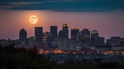 Fototapeta premium City at night, full moon in the background, Generative AI
