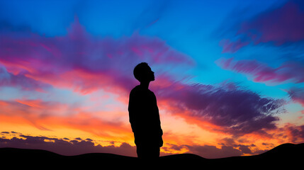 Silhouette of person in front of vivid sunset, Generative AI