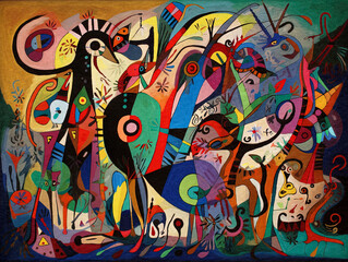 Fototapeta premium Colorful Modern Naive and Abstract Painting with Vibrant Animalistic Forms - generative ai