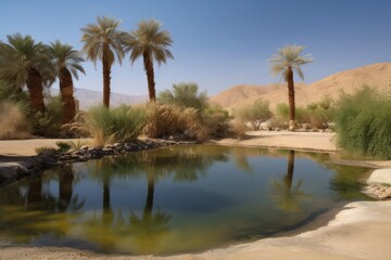 Plakat desert mirage of a sparkling oasis in the middle of nowhere, created with generative ai