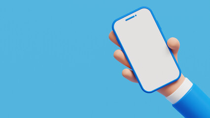 Businessman character hand holding a phone with white screen. Cartoon hand holding smartphone isolated on blue background. 3D Illustration - obrazy, fototapety, plakaty
