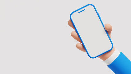 Businessman character hand holding a phone with white screen. Cartoon hand holding smartphone isolated on white background. 3D Illustration