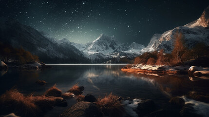 Obraz na płótnie Canvas Fantastic winter landscape with snow covered mountains and lake at night.generative ai
