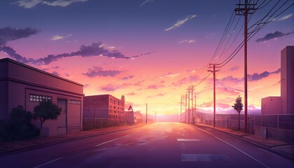 Afternoon sunset sky clouds landscape - Anime Background. Generative ai. Empty road and city.