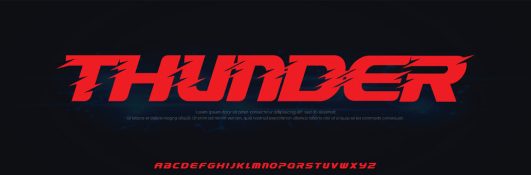 Thunder, game font alphabet sporty slanted letters. Speed logo typography with spurs serifs. Italic bold letter set for fancy logo, headline, music movie cover design, red type. Vector typeset