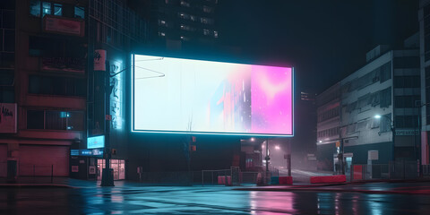 Neon future Illustration sketch of the futuristic city in the style of cyberpunk. Empty street with neon lights and big glowing billboard mockup. Generative ai.