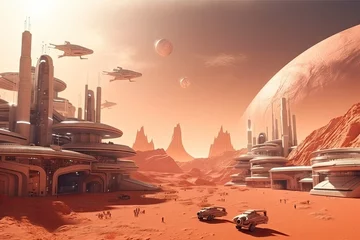 Zelfklevend Fotobehang futuristic city on the red planet, with towering buildings and flying cars, created with generative ai © primopiano