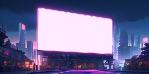 Neon future Illustration sketch of the futuristic city in the style of cyberpunk. Empty street with neon lights and big glowing billboard mockup. Generative ai. - obrazy, fototapety, plakaty