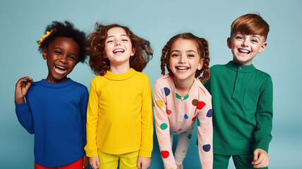 A group of  cheerful multiethnic children hugging, posing smiling kids of different skin tones and nationalities, on blue background