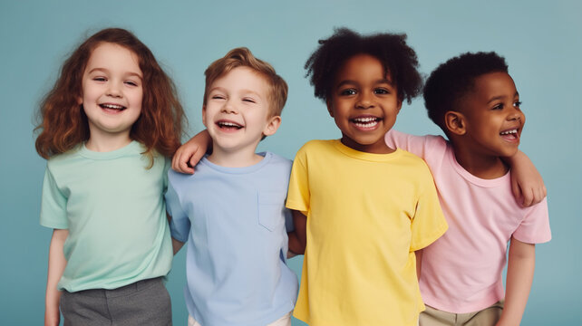A group of  cheerful multiethnic children hugging, posing smiling kids of different skin tones and nationalities, on blue background