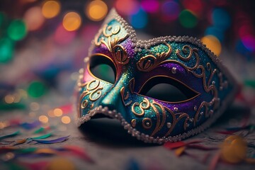 A beautiful carnival mask against the background of bright multi-colored lights