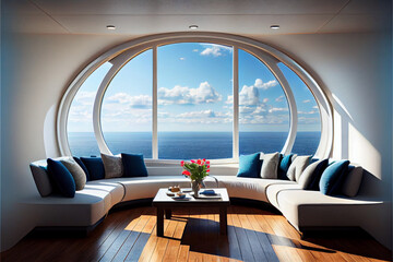 Lounge area on a cruise ship. Sea view behind the large panoramic windows of the tourist ship. Expensive, luxury cruise concept. - obrazy, fototapety, plakaty