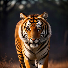 Fototapeta premium Sunset. The Tiger, with its regal presence, creeped slowly through the tall grass. Sky faded away into the night. Piercing gaze. Digital art.
