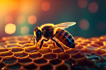 Macro photo of a bee hive on a honeycomb with copyspace. Bees produce fresh, healthy, honey. Beekeeping 3D concept. Honeybee on sunset. Beautiful background or wallpaper. Generative Ai.