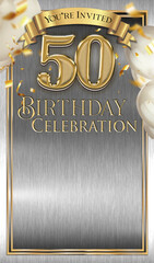 50th Birthday Celebration Invitation Template Silver Gold Design - obrazy, fototapety, plakaty